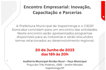 Prefeitura de Itapetininga e Ciesp de Sorocaba realizam encontro dia 20 sobre programas de inovação para as indústrias 