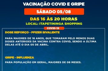 Itapetininga realiza mutirão de vacinação contra a Covid e Gripe no Shopping neste sábado, 05 de agosto