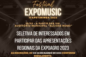 Abertas as inscrições para a Expomusic 2023 em Itapetininga para seleção das 8 atrações regionais da 50ª Expo Agro