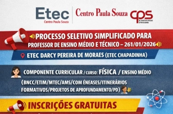 Etec Darcy Pereira de Moraes abre inscrições para Processo Seletivo Simplificado de docentes