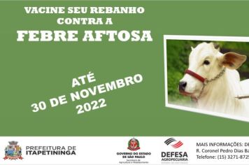 Prefeitura de Itapetininga informa que vacinação de Febre Aftosa vai até o dia 30 de novembro