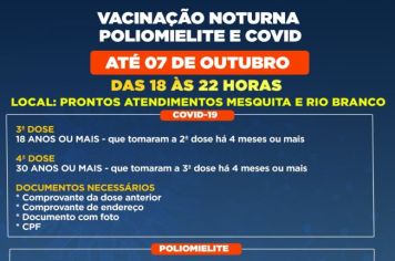 Itapetininga realiza vacinação noturna contra a Poliomielite e Covid nos PAs até o dia 7 de outubro