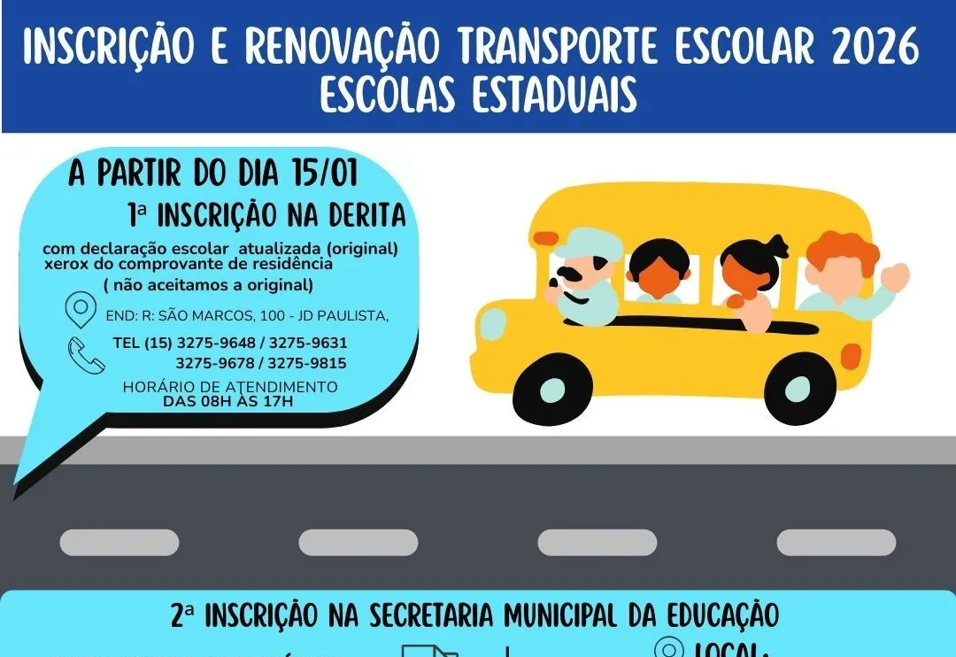 Secretaria de Educação informa sobre inscrição e renovação do Transporte Escolar Estadual 2026
