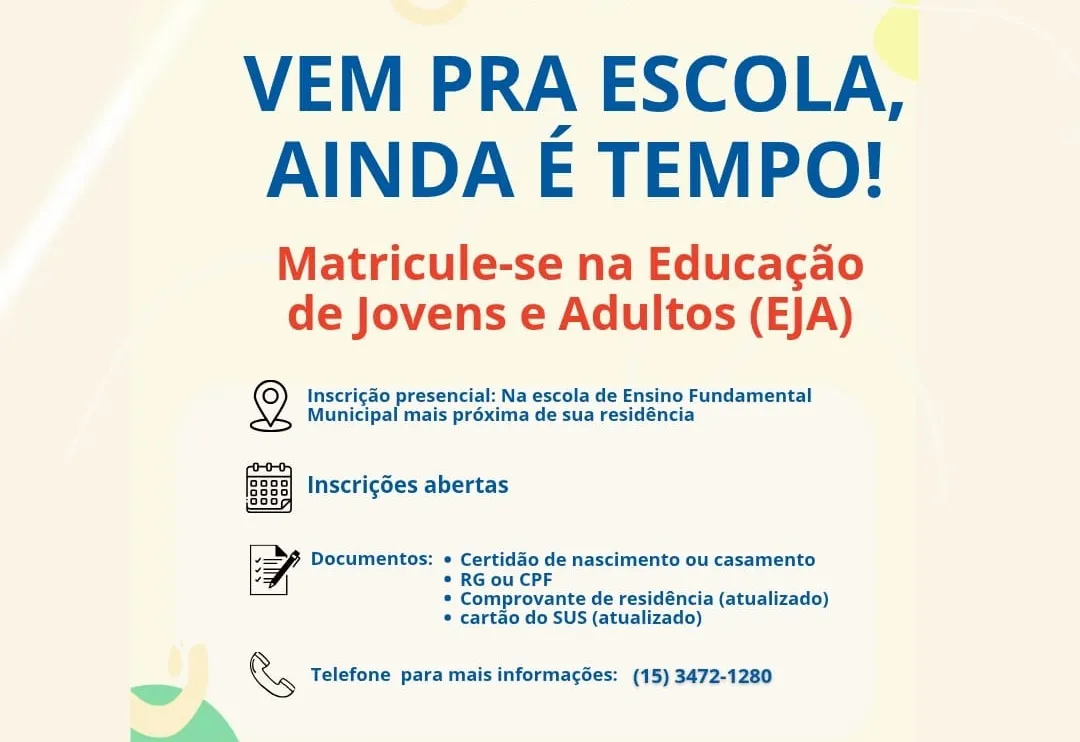 Itapetininga abre inscrições para Educação de Jovens e Adultos (EJA)