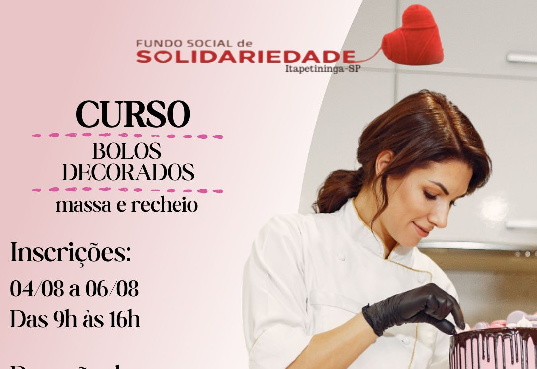 Inscrições para cursos gratuitos de bolos decorados podem ser feitas de 4 a 6 de agosto no Fundo Social, em Itapetininga 