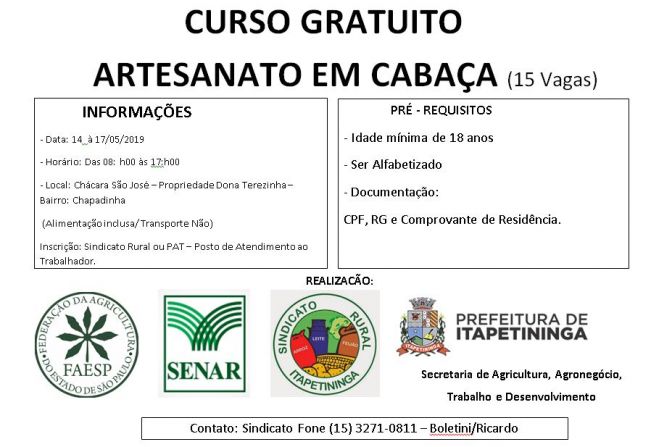 Parceria entre Prefeitura de Itapetininga, Faesp, Senar e Sindicato Rural oferece Curso Gratuito de Artesanato em Cabaça