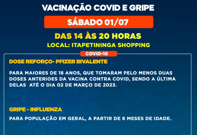 Itapetininga realiza mutirão de vacinação contra a Covid e Gripe no Shopping neste sábado, 01 de junho