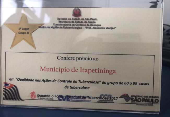 Município fica com o 1º lugar do prêmio “Qualidade nas Ações de Controle da Tuberculose” 