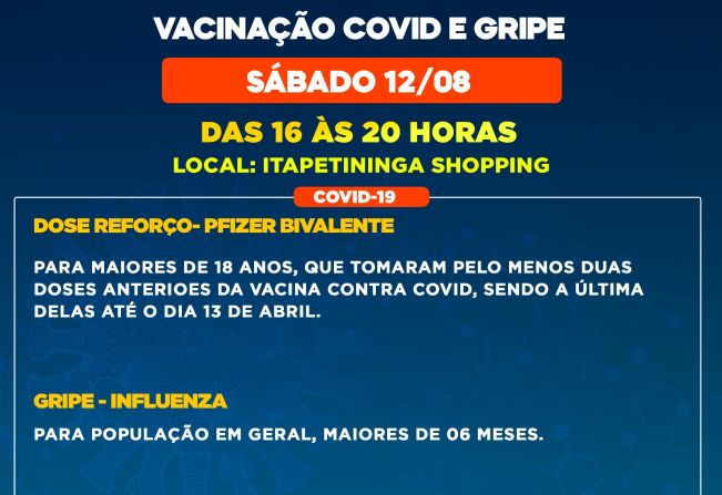 Itapetininga realiza mutirão de vacinação contra a Covid e Gripe no Shopping neste sábado, 12 de agosto