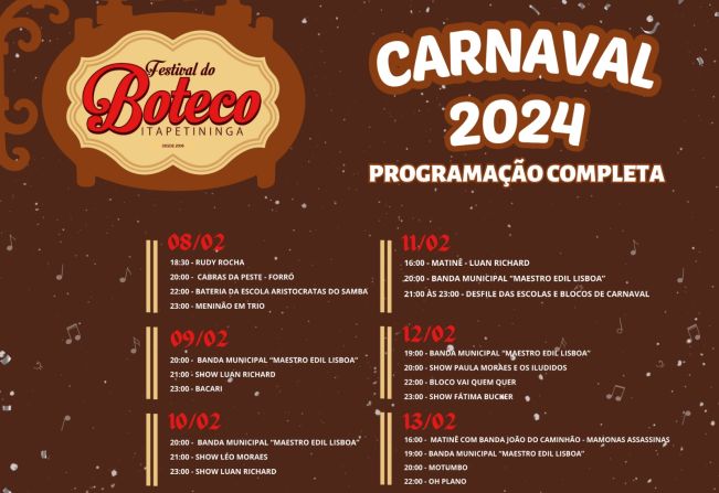 Carnaval 2024 de Itapetininga abre com o Festival do Boteco nesta quinta (20) no Largo dos Amores