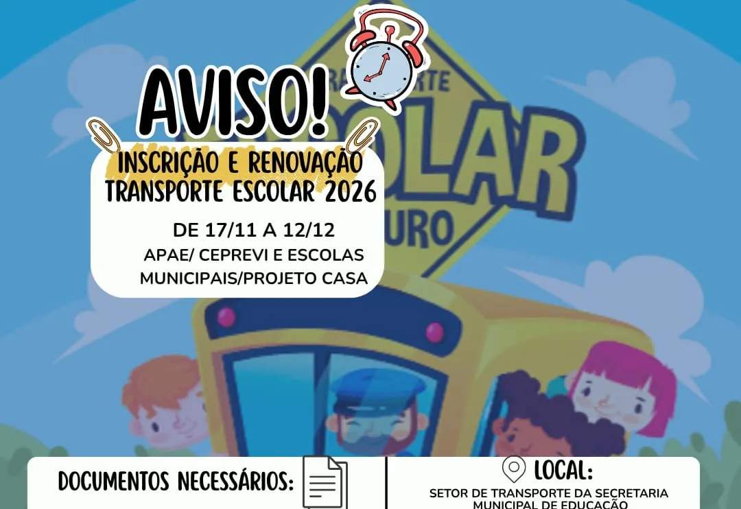 Secretaria Municipal de Educação informa sobre inscrições e renovações do Transporte Escolar 2026
