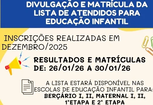 Lista de alunos e matrículas para a Educação Infantil municipal de Itapetininga serão disponibilizadas entre os dias 26 e 30 janeiro