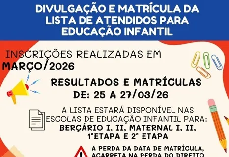Lista de alunos e matrículas para a Educação Infantil municipal de Itapetininga serão disponibilizadas entre os dias 25 e 27 de março
