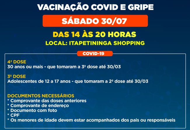 Itapetininga realiza mutirão de vacinação contra a Covid-19 e Gripe no Shopping neste sábado (30)
