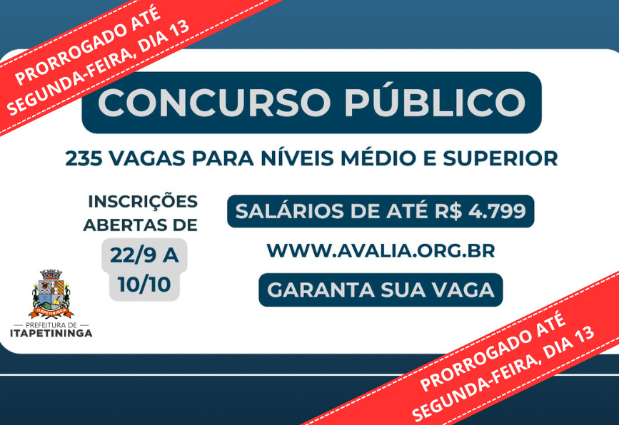 Inscrições para o Concurso Público são prorrogadas até o dia 13 de outubro