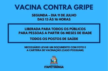 Itapetininga libera vacina contra a Gripe para todos os públicos e intensifica vacinação em todos os postos de saúde na próxima segunda (11)