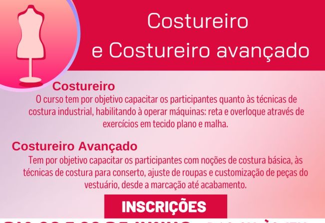 Inscrições para o Curso de Costureiro e Costureiro Avançado serão nos dias 08 e 09 