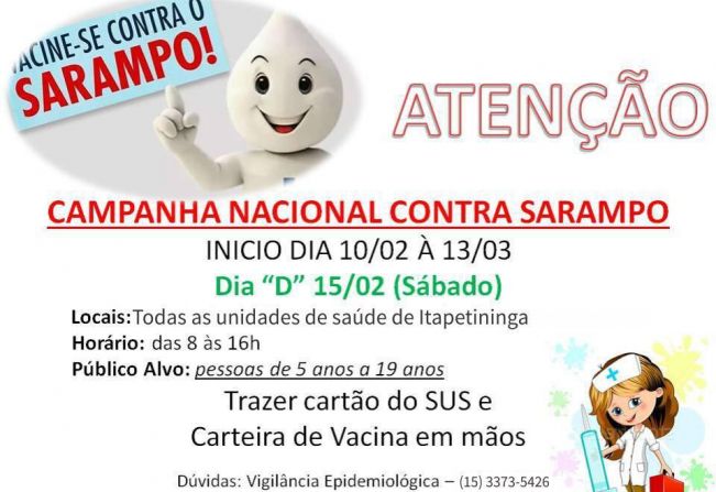 Dia D da Campanha Nacional de Vacinação contra o Sarampo será neste sábado (15)