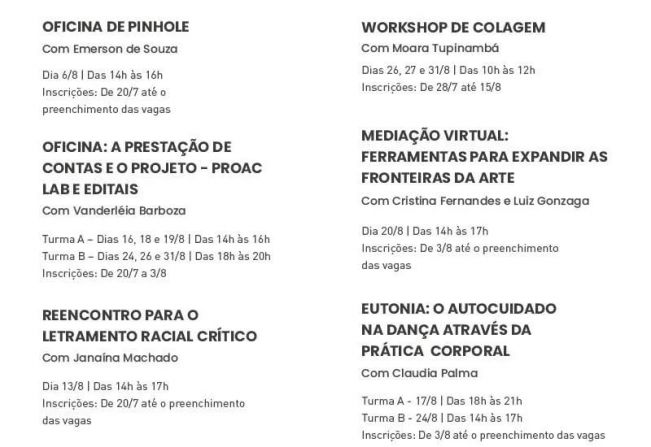 Novas Oficinas Culturais online para o mês de agosto “Formação para o Interior” têm inscrições abertas a partir da próxima terça (20) para Itapetininga